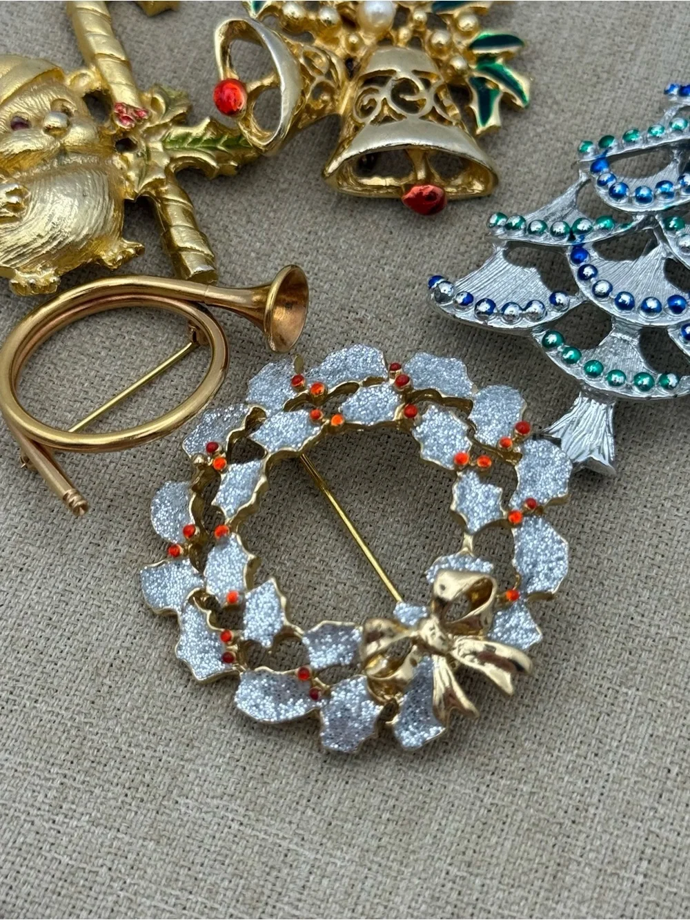 Vintage Christmas Brooch Lot - Gold, Silver, Green, Red Accents